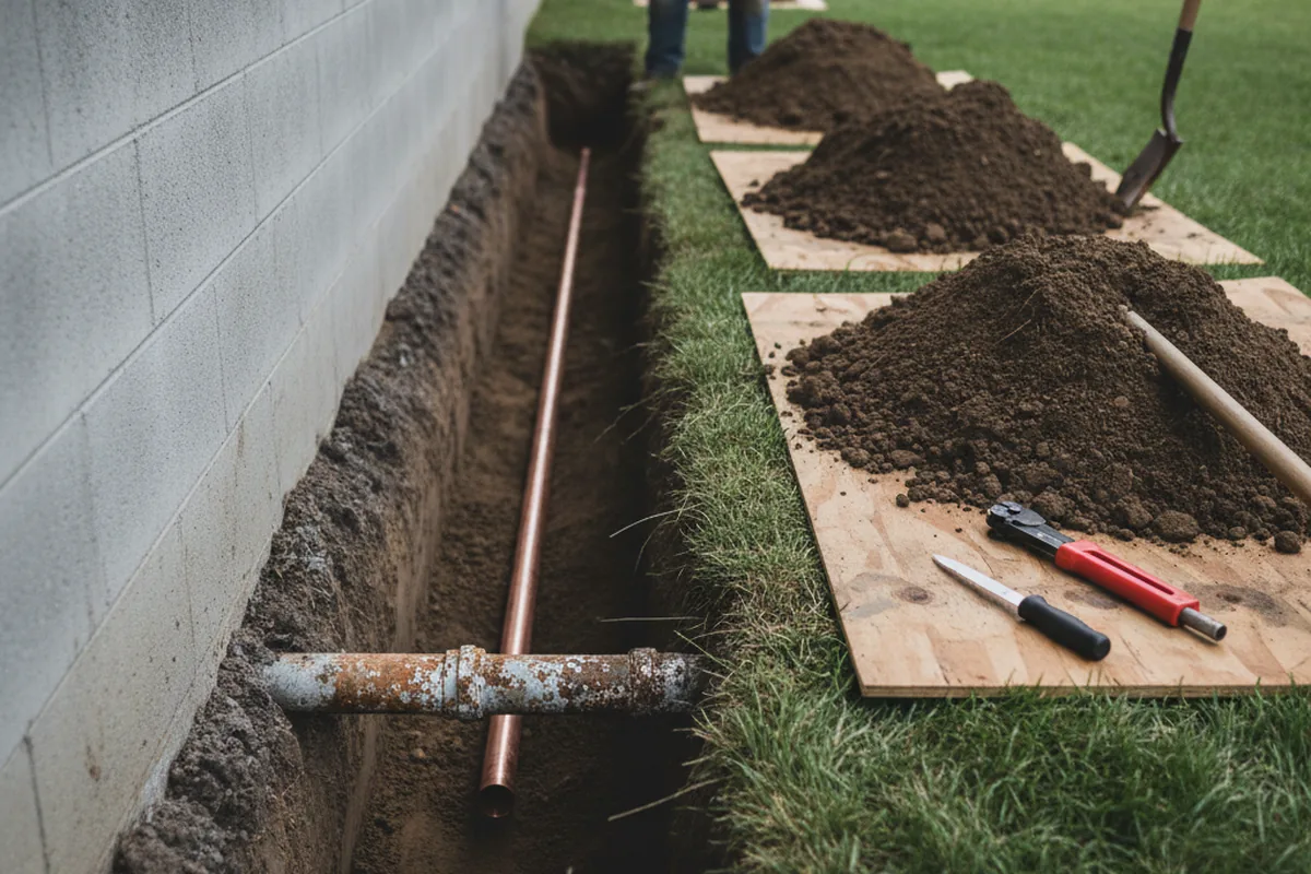 Excavated water line trench during Sewer Line Repair in Ridgely